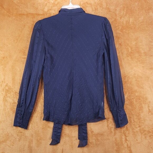 REBECCA TAYLOR Top Womens Size 2 Navy Button Up Tie Scrarf Neck Sheer Sleeve - Picture 4 of 8